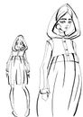 Fashion sketch of fashion design art in a short jacket with a hood on the girlÃ¢â¬â¢s head. Fashion model hand drawn black ink lines